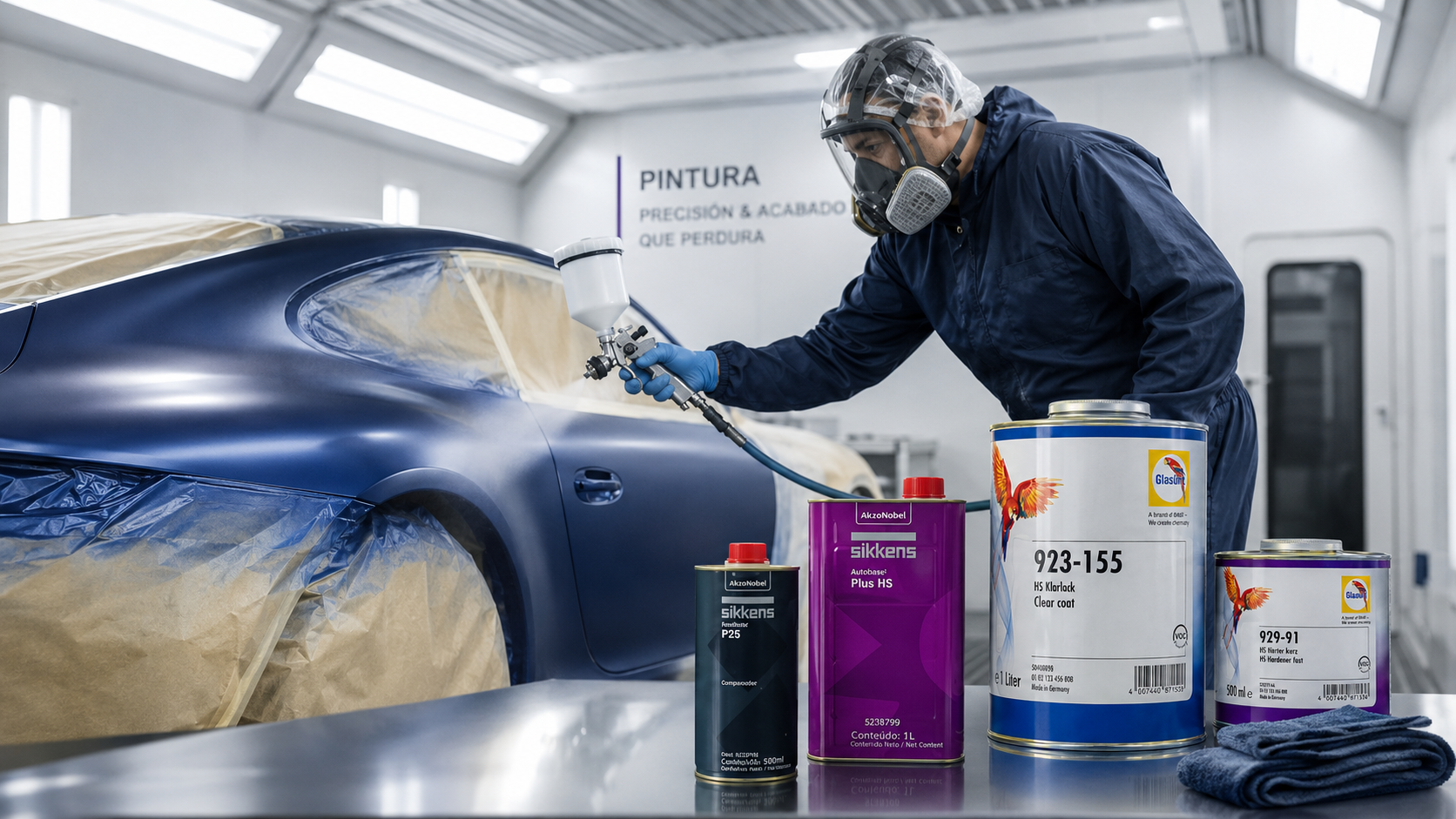 Pintura automotriz profesional en cabina con aplicación sobre vehículo y materiales de las marcas Sikkens y Glasurit